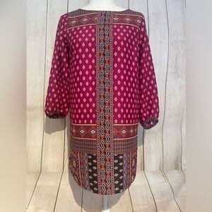 LOFT dress Size XSP diamond mosaic shift tunic scoop neck 3/4 sleeve red/multi